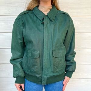 Vintage Green Leather Bomber Jacket